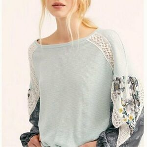 Free People Light Mint Lace & Floral Long Sleeve Top